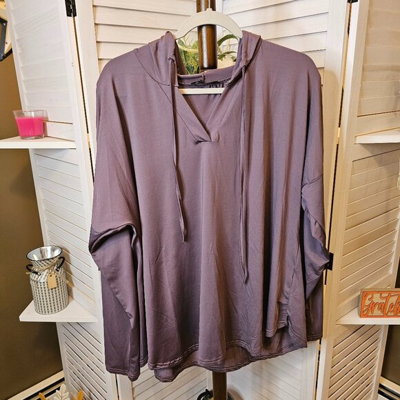 Love U Dear, Plus Size 1X, Plum, Off Shoulder, Hooded, Shirt - Picture 1 of 8